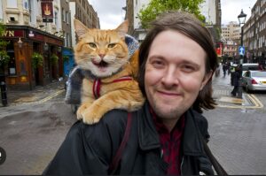 Un bărbat își îine pisica pe umăr