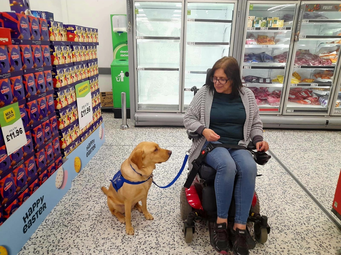 Femeie în scaun cu rotile alături de un câine de terapie