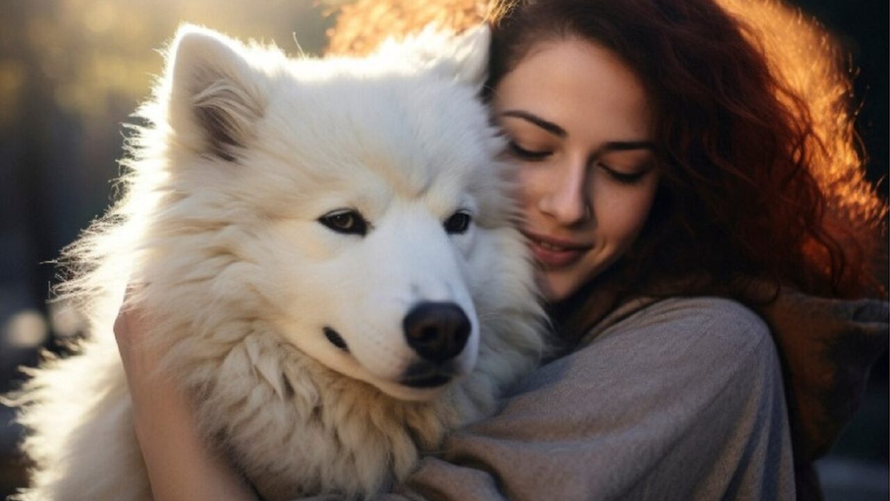 O femeie își ține câinele în brațe