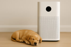 Cățel lângă un purificator de aer