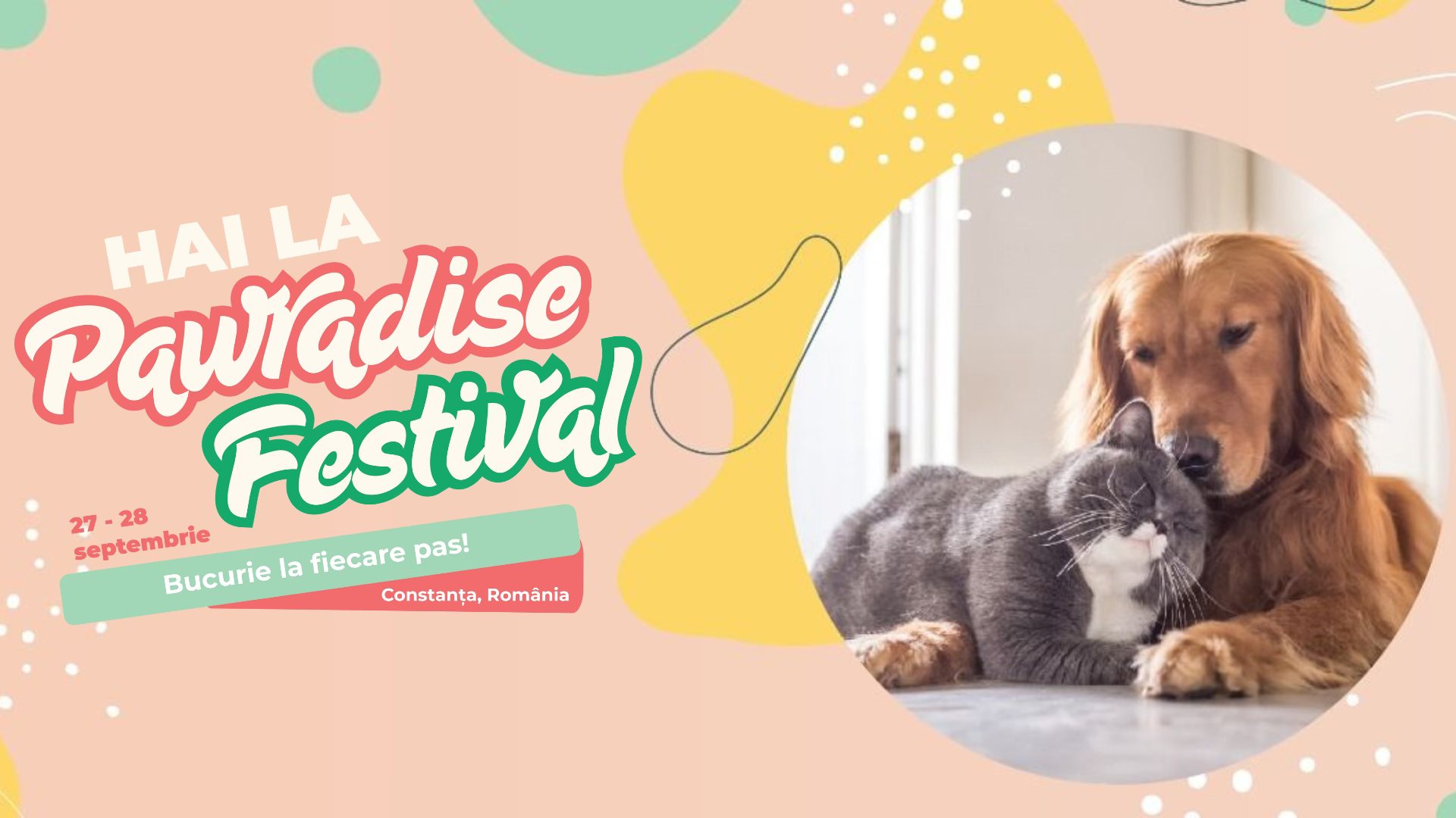 Un câine și o pisică stau îmbrățișați pentru posterul evenimentului