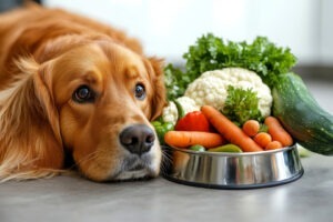 Câine lângă un castron plin cu legume