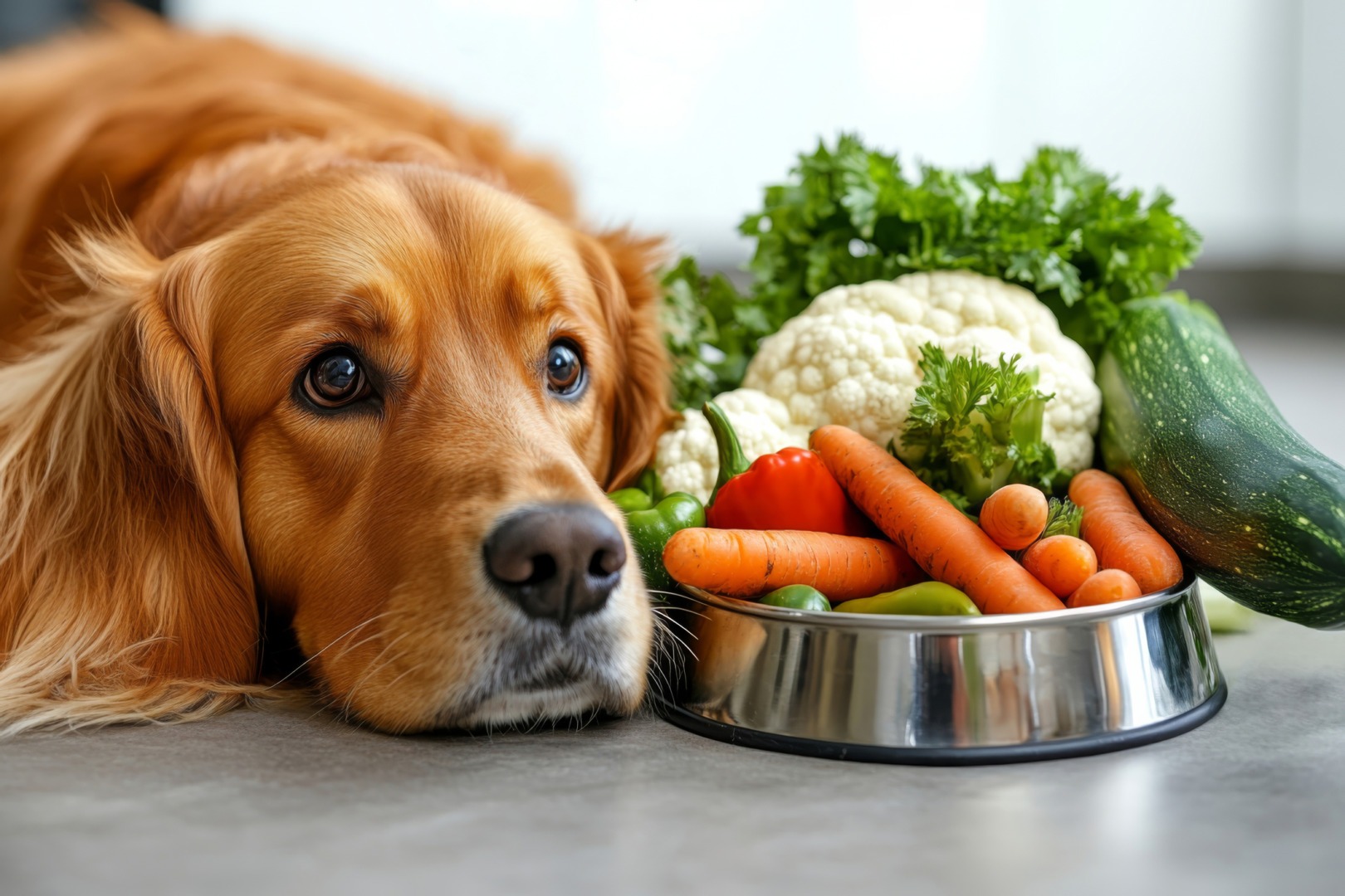 Câine lângă un castron plin cu legume