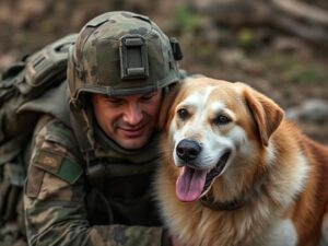 Un militar îmbrățișează un câine