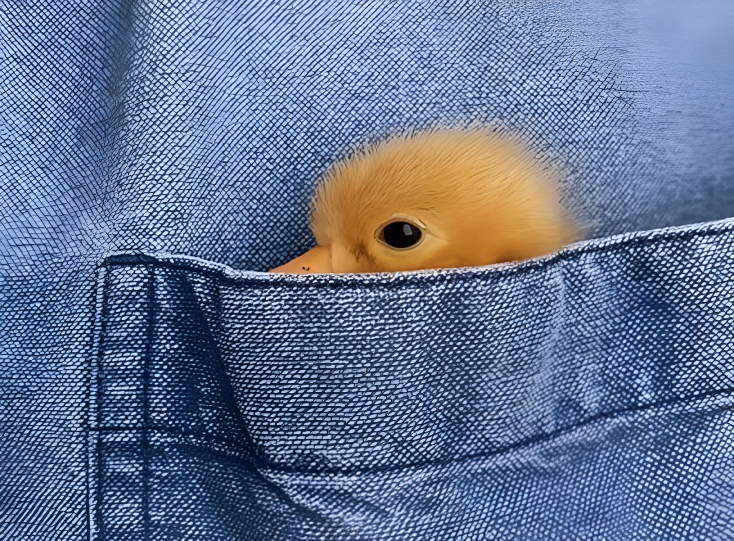 Boboc de rață în buzunarul unei cămăți denim