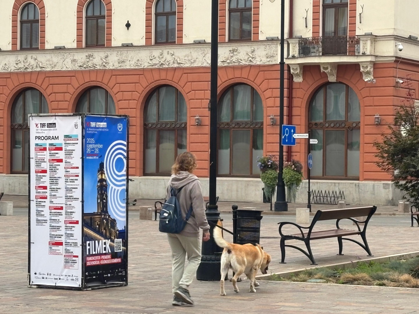 O femeie își plimbă câinele prin centrul Oradei