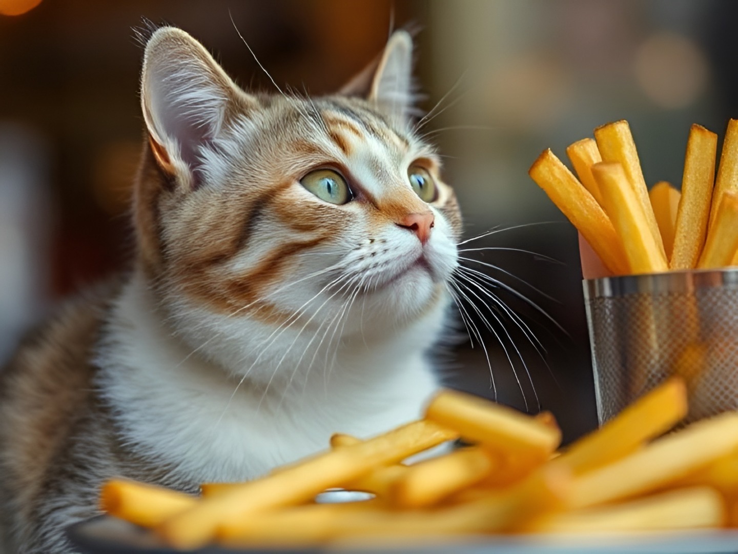Pisică în fața unei porții de cartofi prăjiți