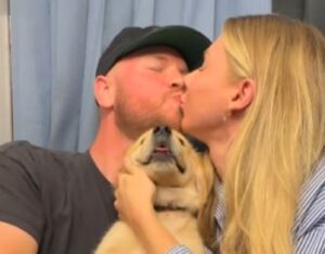 Un cuplu se sărută în timp ce își ține cățelul în brațe