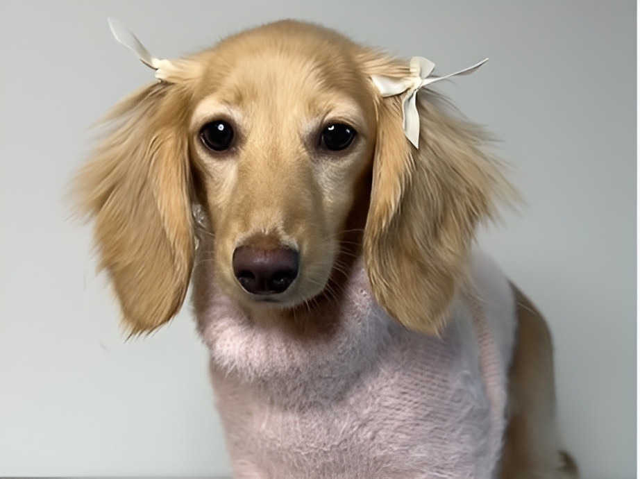 Un teckel cu fundițe la urechi și bluză pentru căței