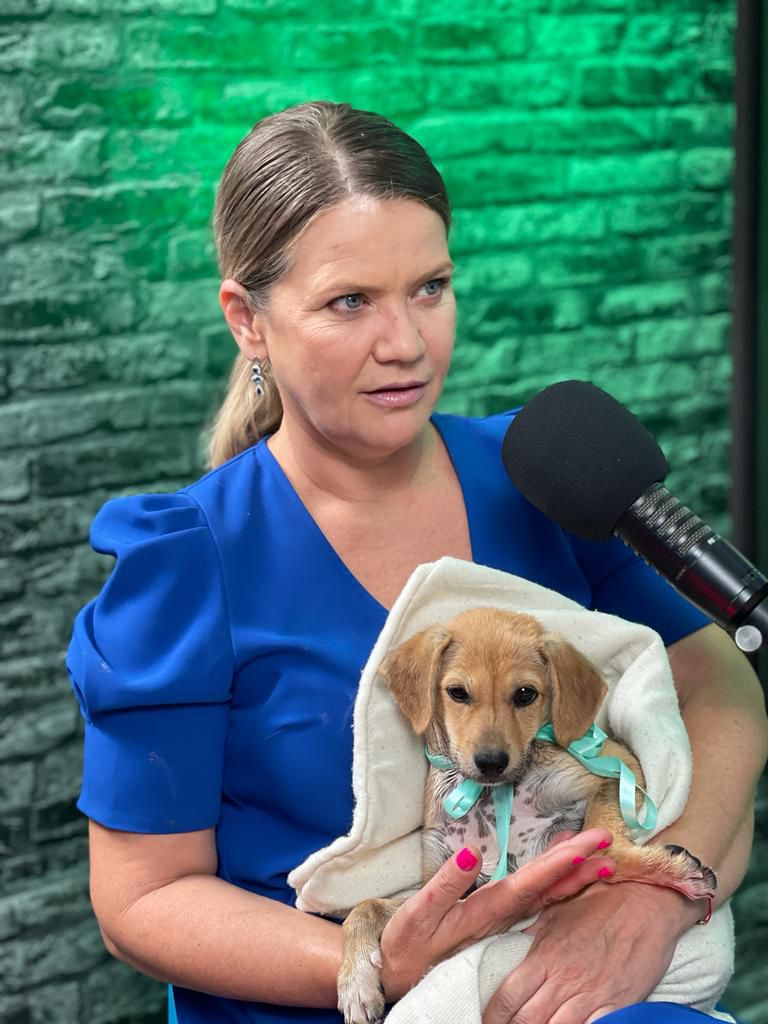 Jurnalista Ioana Cosma ține un cățel în brațe