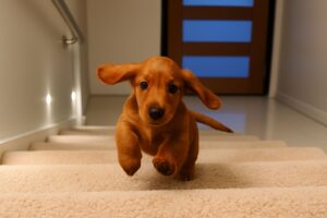 Pui de Coker Spaniel care urcă scările