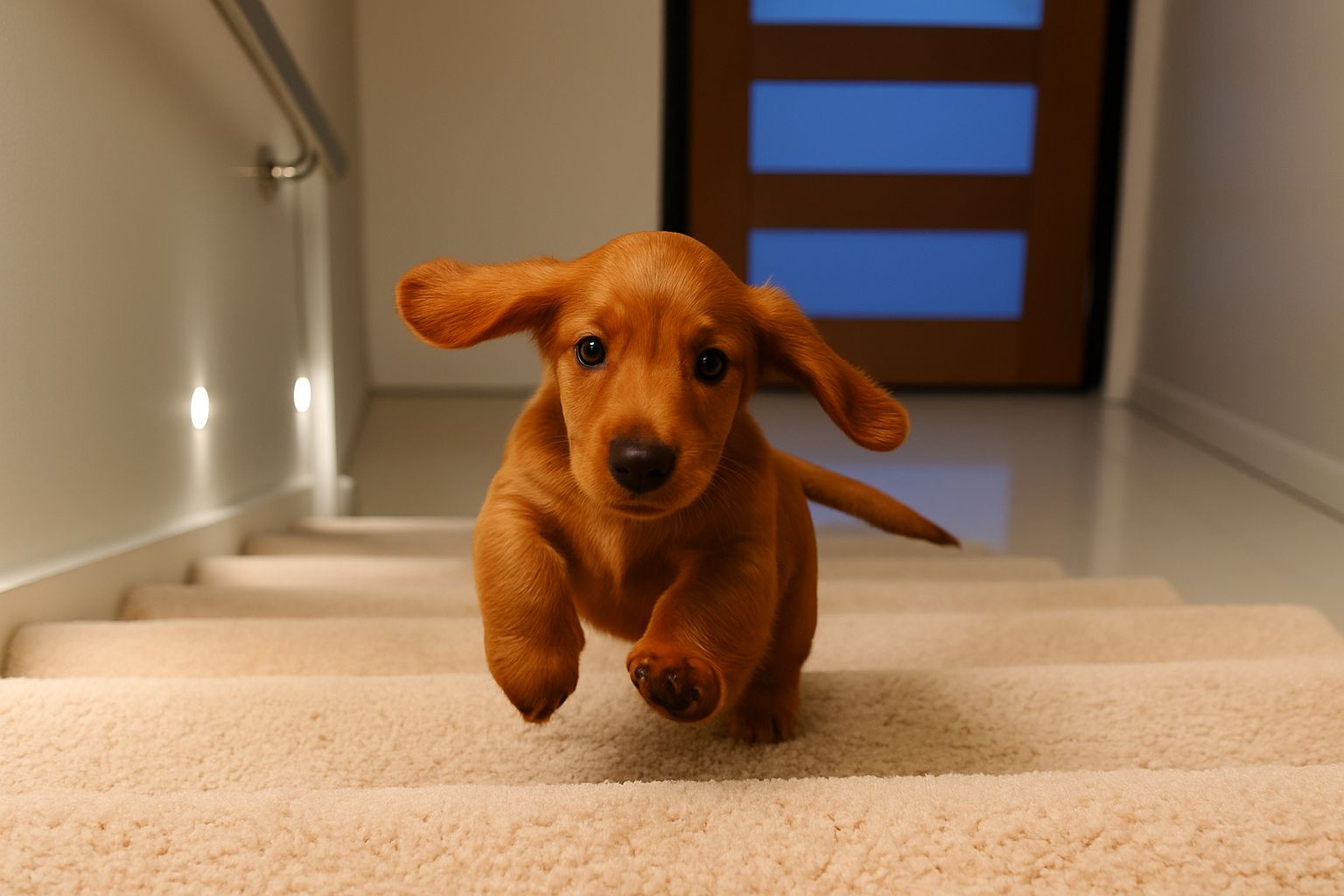 Pui de Coker Spaniel care urcă scările