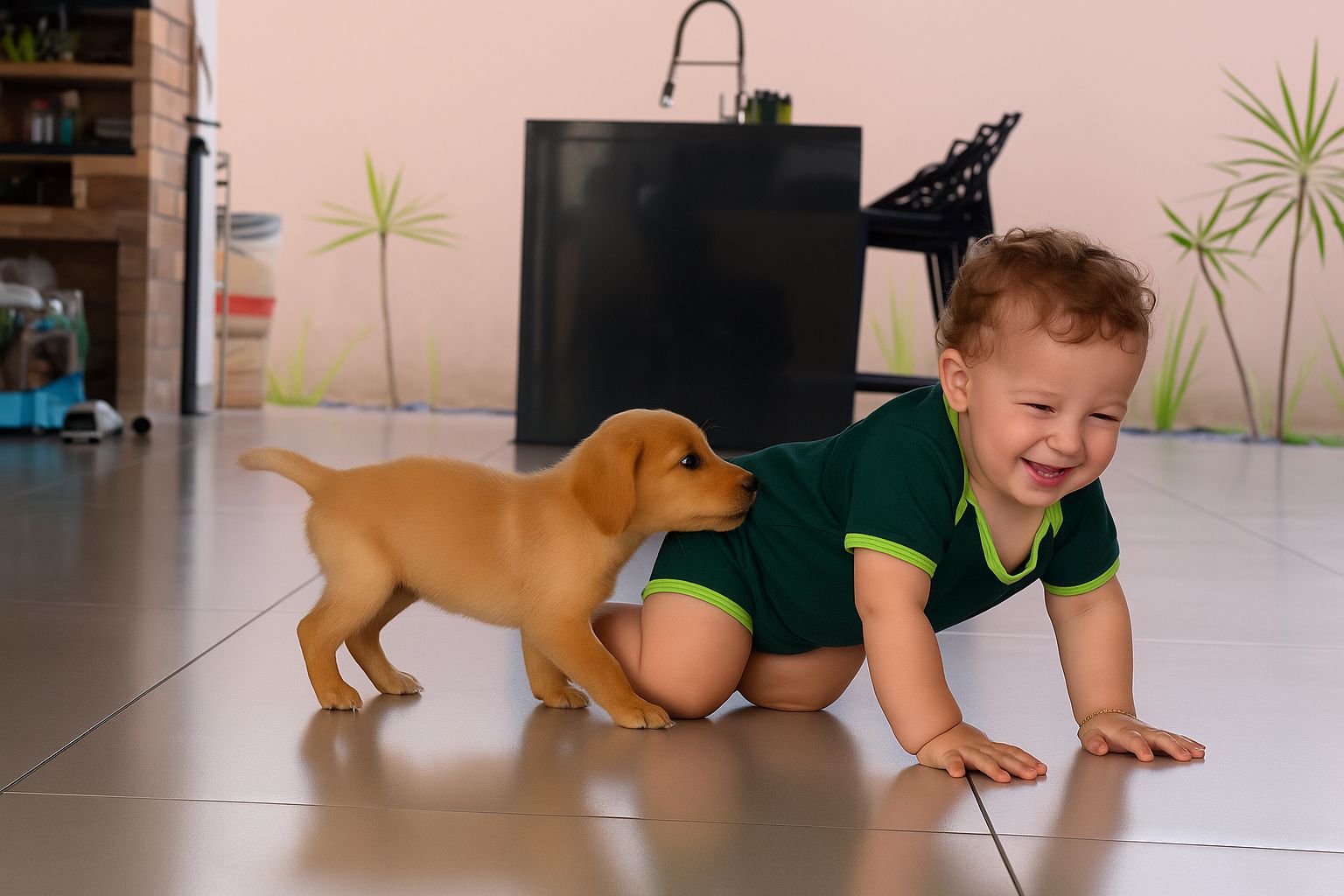 Pui de căţel şi bebeluş