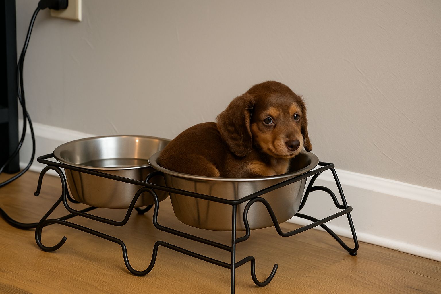 Pui de Teckel în bolul cu mâncare