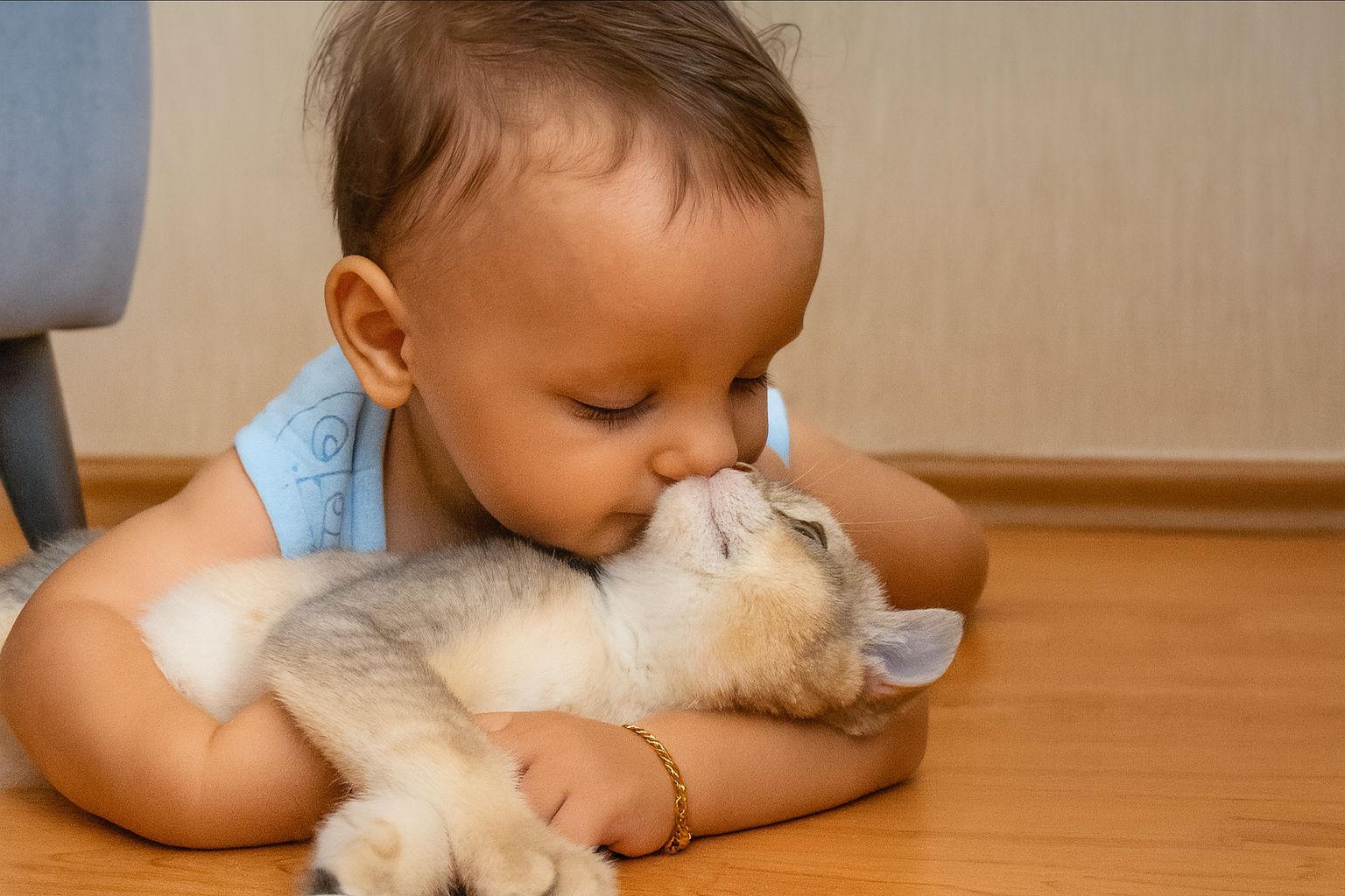 Copilaș cu pisoi alb cu gri