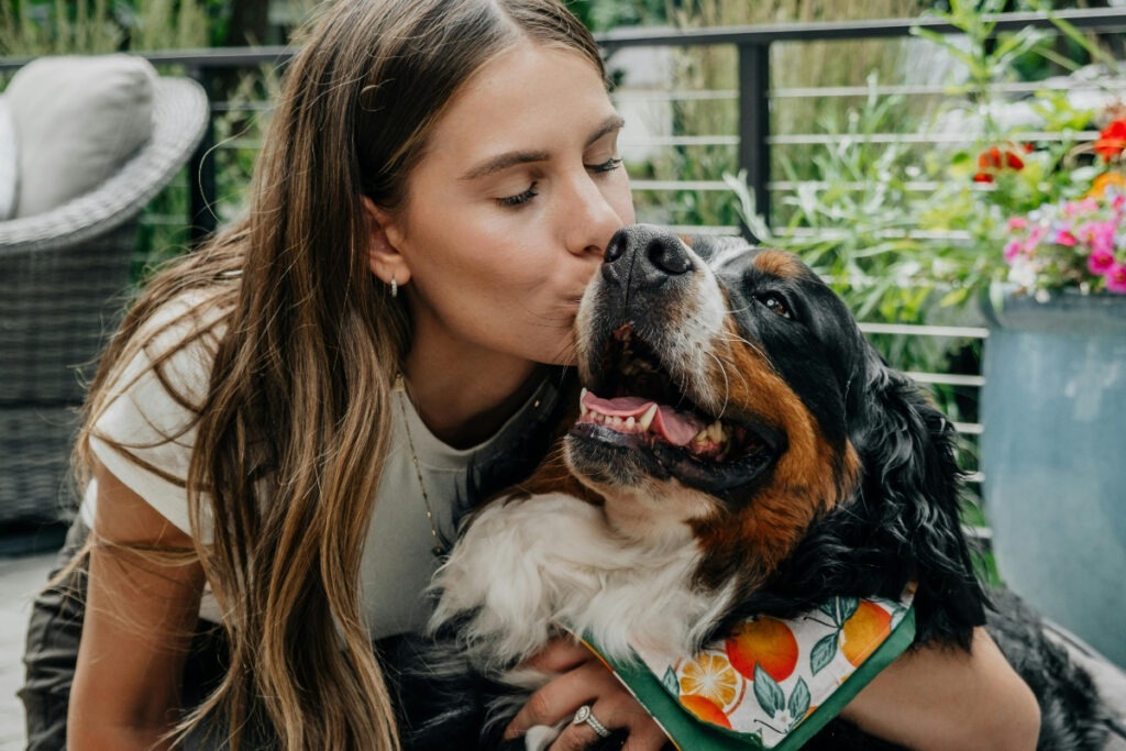 Câine fericit pupat de stăpână