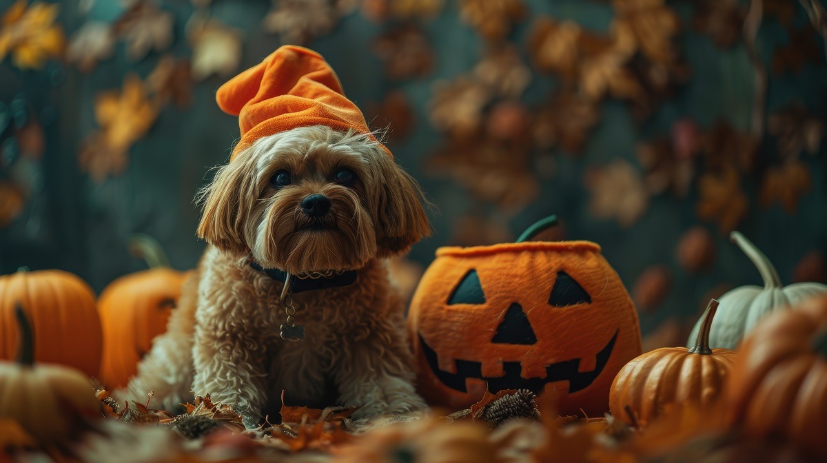 cainele costumat de Halloween