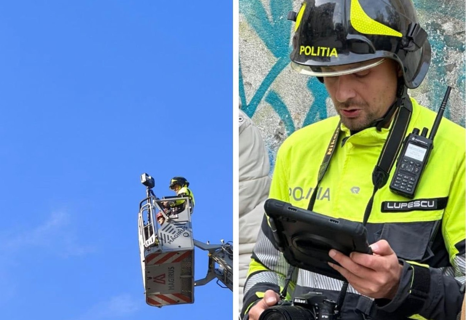 Colaj foto cu un polițist la operațiunea de salvare a animalelor afectate de explozia din Rahova