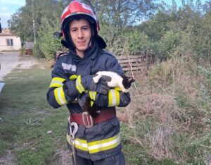 Un pompier ține în brațe pisica pe care a salvat-o