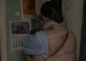 Pisică ținută în brațe de stăpâna ei