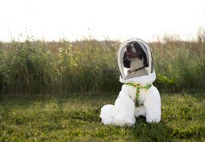 Câine utilitar îmbrăcat în costum de protecție