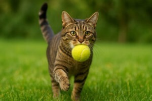 O pisică cu o minge în gură