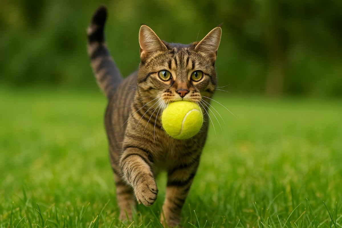 O pisică cu o minge în gură