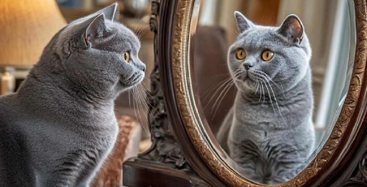 pisica se priveste in oglinda