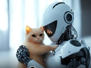 Un robot ține în brațe o pisică