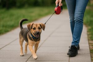 Un cățel în lesă retractabilă