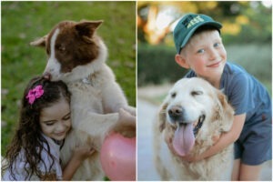 Colaj cu doi copii și doi căței fericiți