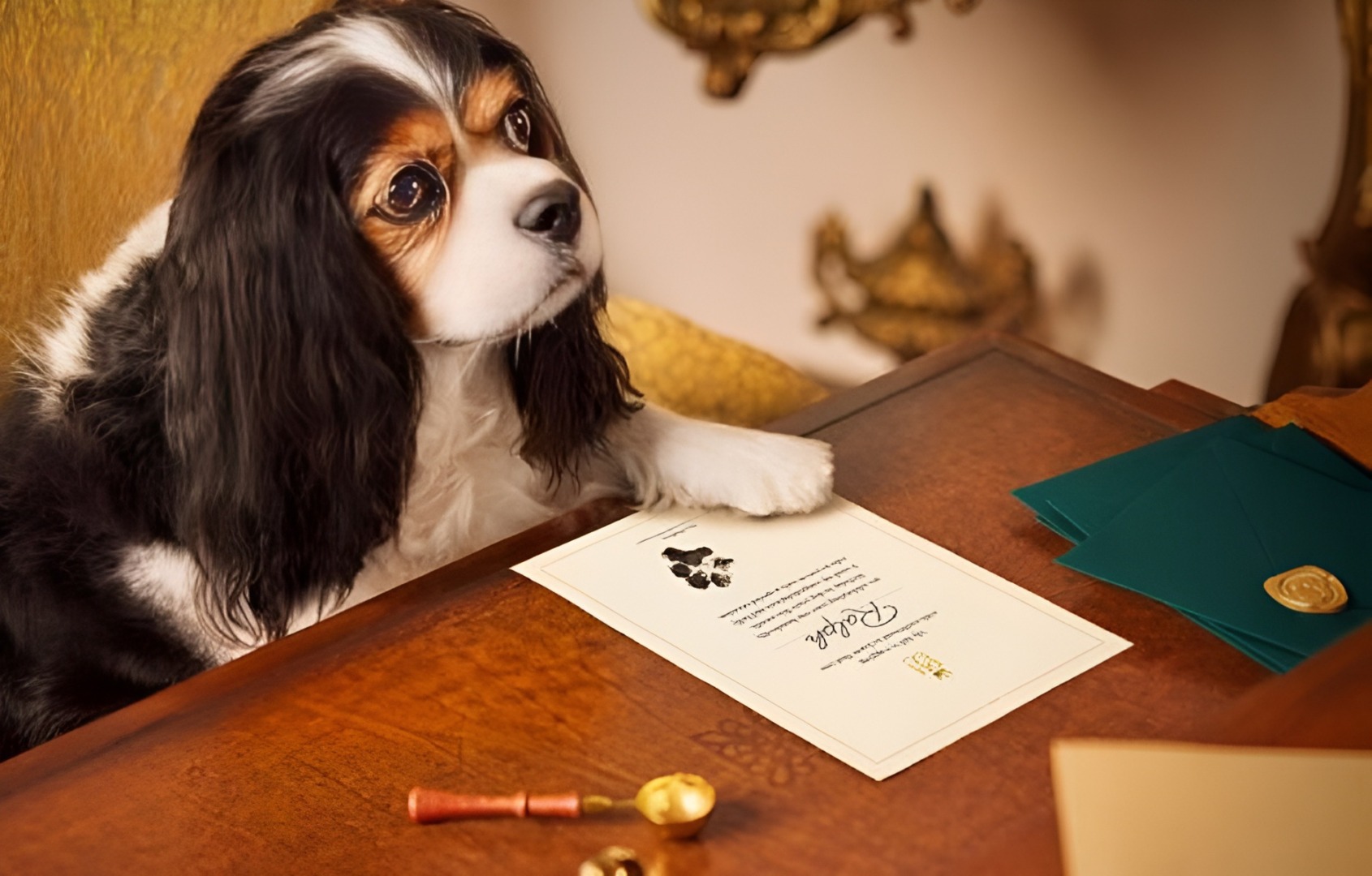 Un câine stă la birou și are în față o felicitare