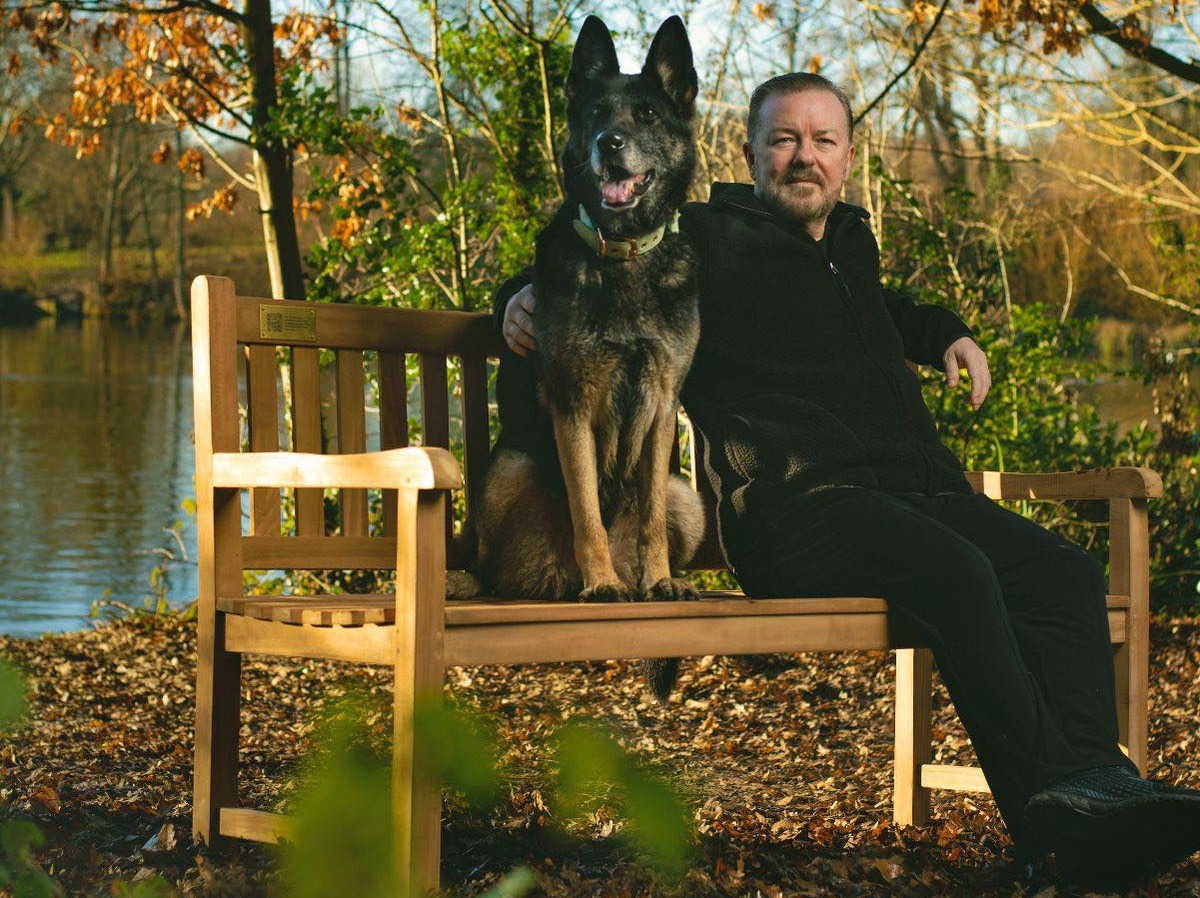 Actorul RIcky Gervais stă pe o bancă, alături de câinele lui