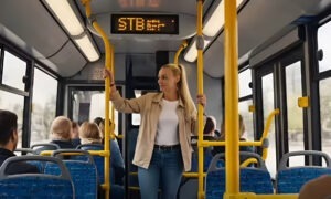 O femeie se ține de bară într-un autobuz din București