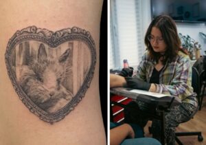 Colaj foto: Ana Alexandra, artist tatuator și un tatuaj realizat de ea.