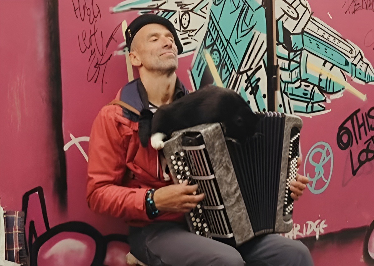 Un muzician cântă la acordeon pe o stradă din Paris, în timp ce pe instrumentul muzical stă o pisică