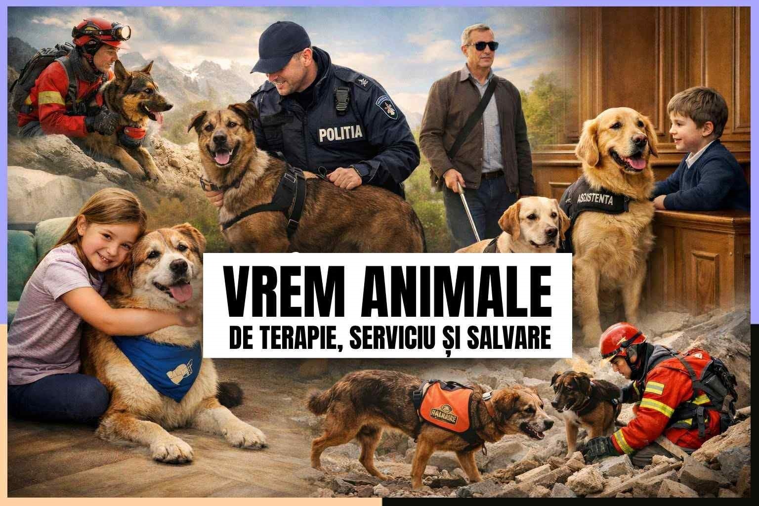 Colaj foto cu oameni și câini utilitari