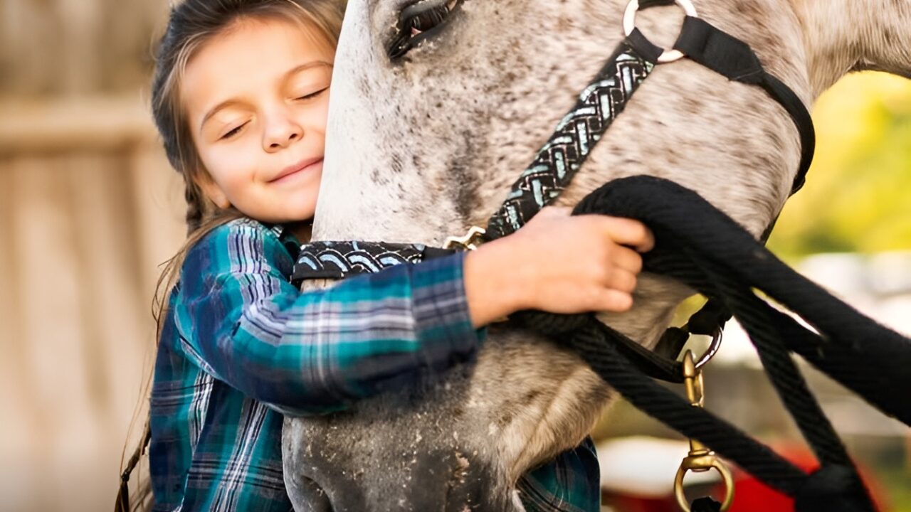 Un copil îmbrățișează un cal