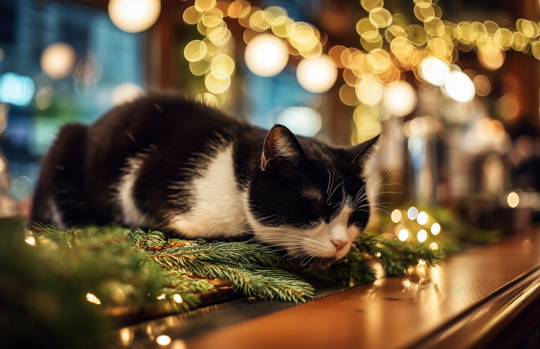 O pisică doarme pe un ornament de Crăciun