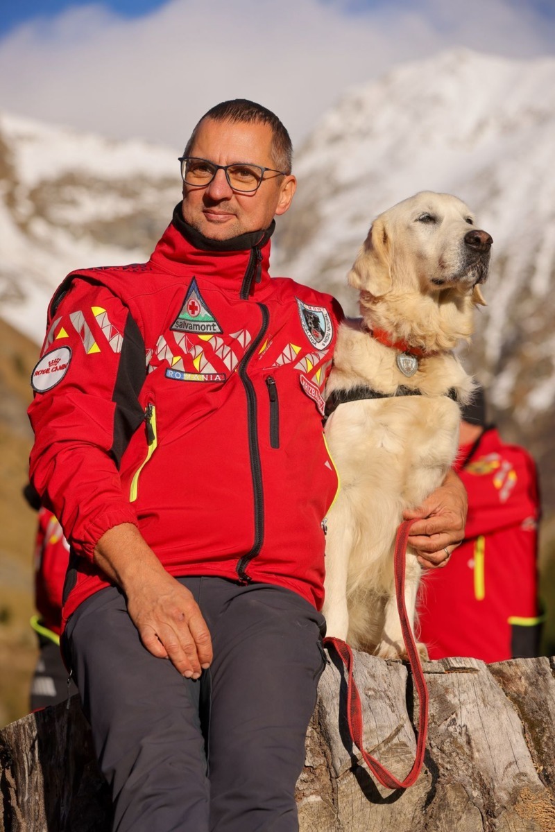 Câine utilitar alături de un salvator montan