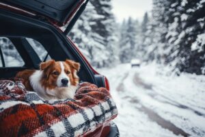 Un câine stă pe o pătură în portbagajul unei mașini, iarna
