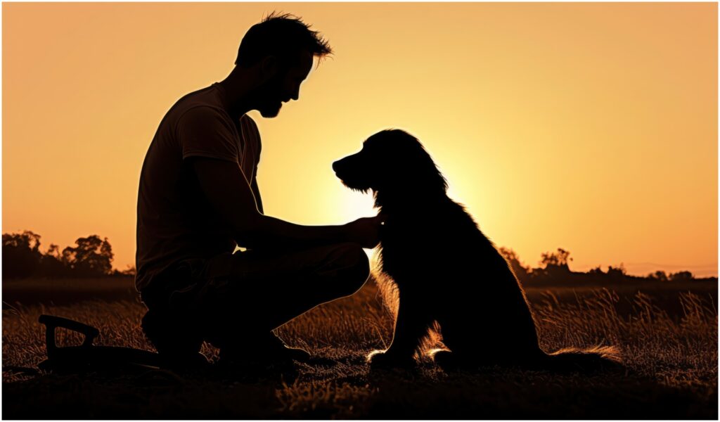 câine alături de stăpân la apus