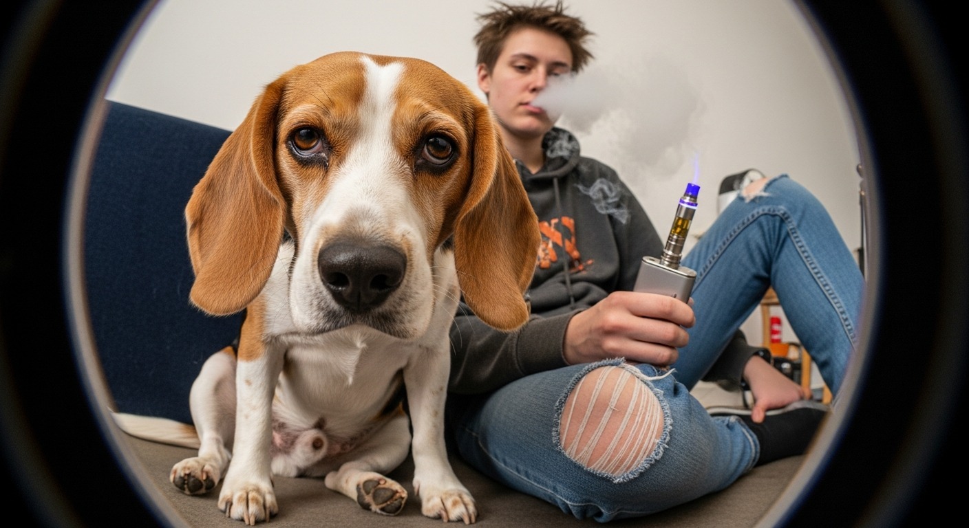 Un tânăr vapează lângă câinele lui