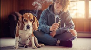 O tânără fumează țigară electronică lângă câinele ei