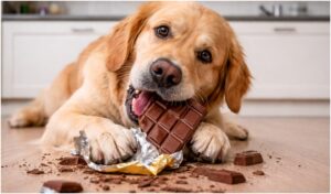 Un câine mănâncă ciocolată