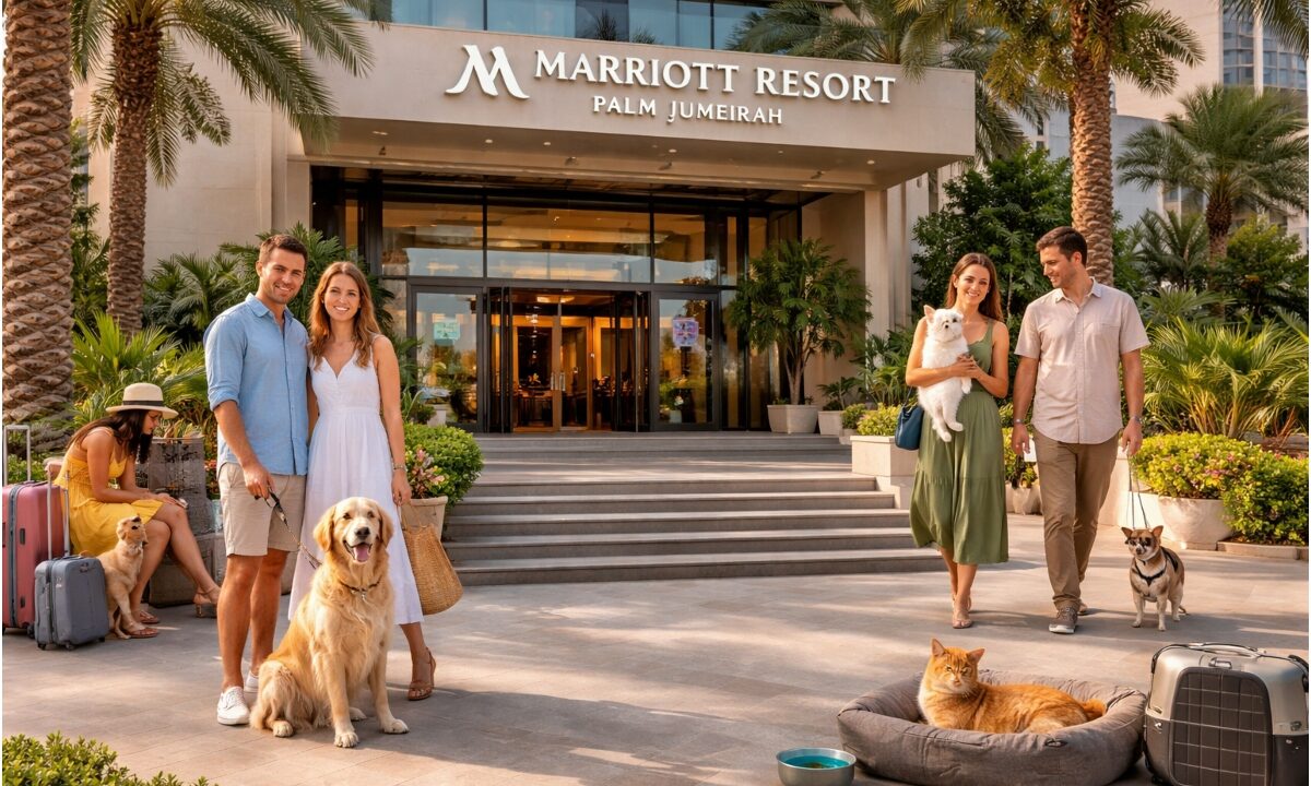 Familii alături de animalele lor de companie în fața unui hotel de lux