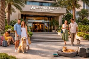 Familii alături de animalele lor de companie în fața unui hotel de lux