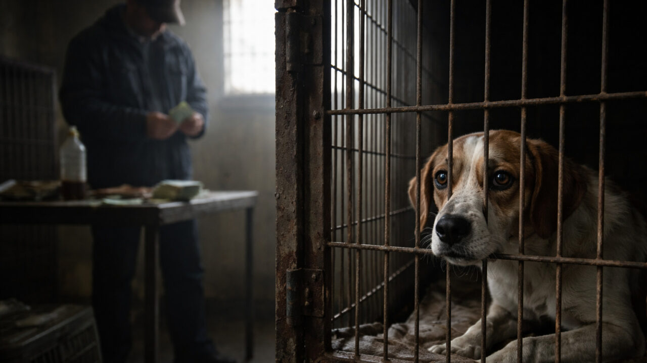 Câine trist într-un adăpost, în cușcă, alături de un om care numără bani