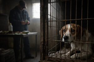 Câine trist într-un adăpost, în cușcă, alături de un om care numără bani