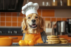 Câine cu bonetă de bucătar, în fața unei mese pe care se află clătite și lămâi